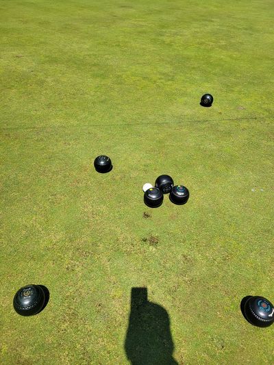 three black lawn bowls clustered tight around the jack, with other bowls scattered around for context