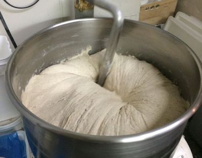 bread dough in a hockey stick mixer